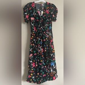 A New Day Women's Puff Short Sleeve Ruched A-Line Dress Black Floral Size L